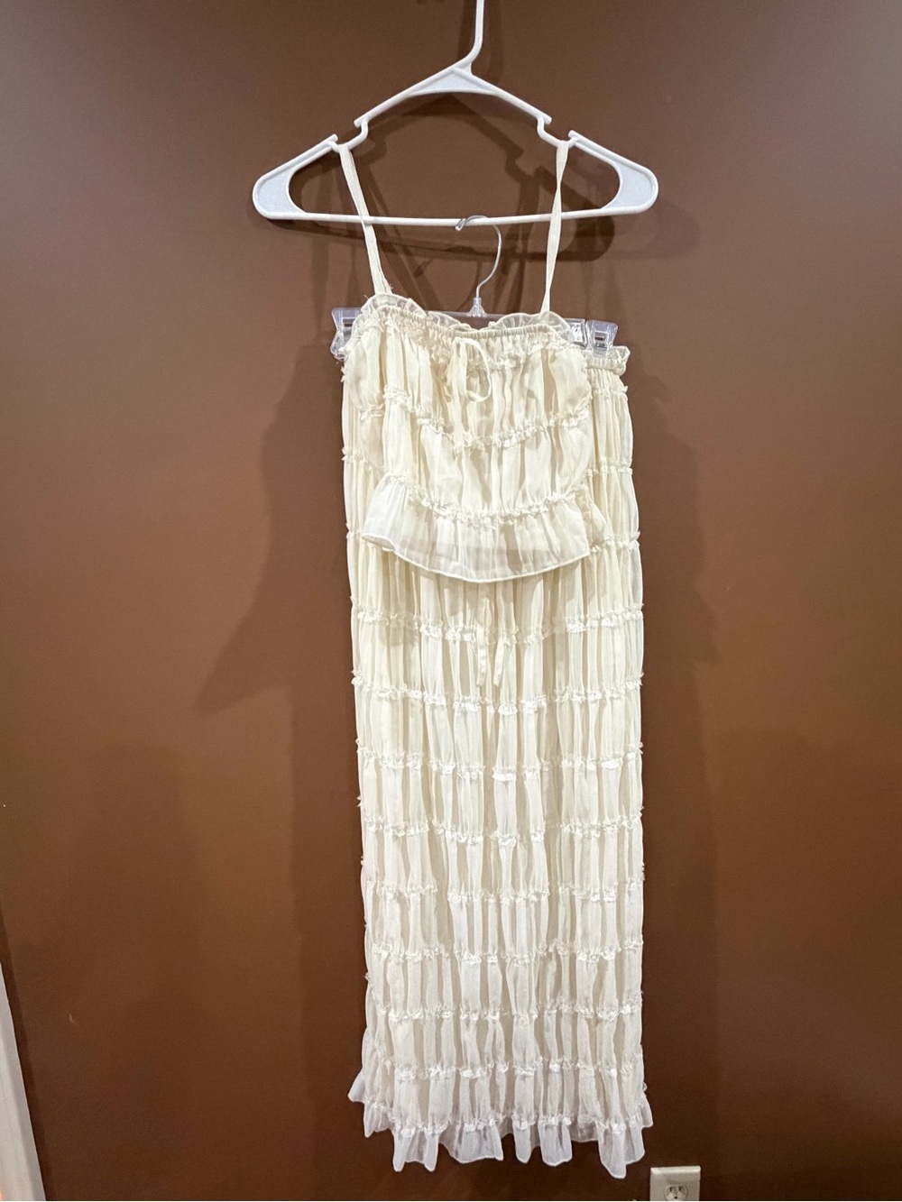 Smocked Cream 2 Piece Maxi Skirt Set with Ruffle Bodice and Adjustable Straps